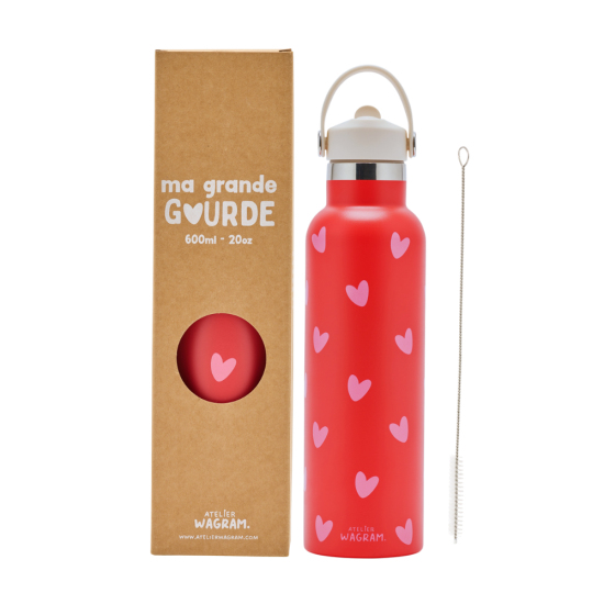 Gourde 600ml Rouge Cœurs Rose - ATELIER WAGRAM